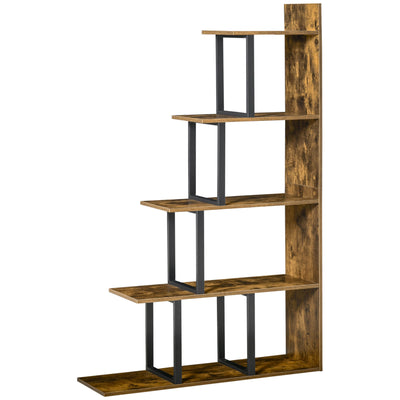 5 Tier Ladder Bookcase with Anti Tip Storage Shelves for Home or Office Rustic Brown AOSOM