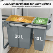 Pull Out Kitchen Bin with Dual Compartments for Hidden Waste and Recycling Grey Homcom