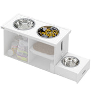 White Raised Dog Bowl Stand With Slow Feeder Mat Storage Cabinet and 3 Stainless Steel Bowls by PawHut