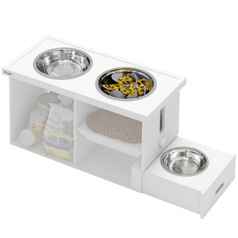 White Raised Dog Bowl Stand With Slow Feeder Mat Storage Cabinet and 3 Stainless Steel Bowls by PawHut