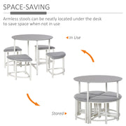 Grey Round Dining Table Set with 4 Upholstered Stools for Modern Kitchen or Dining Room