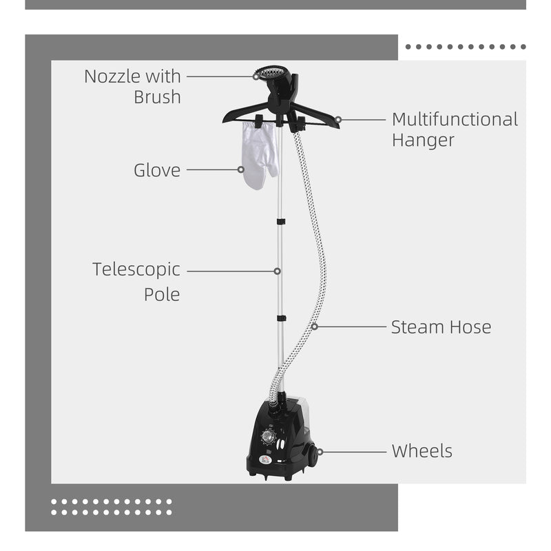 Clothes Steamer for Fast Home Wrinkle Removal with Adjustable Pole and Wheels Black
