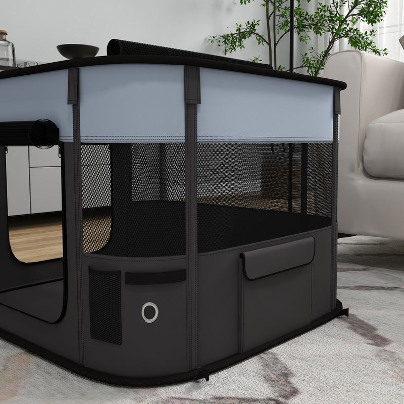 Foldable Dog Playpen with Ground Stakes and Storage Bag for Indoor and Outdoor Use Grey