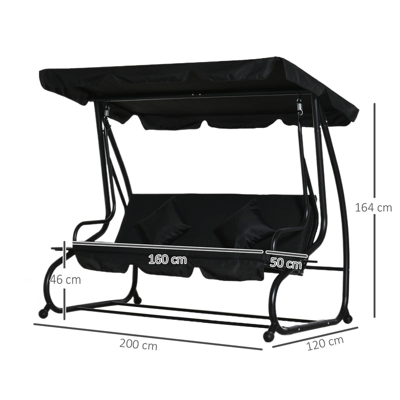 Patio Swings - Black 3 Seater Garden Swing Chair Converts to a Day Bed for Outdoor Relaxing Comfort Outsunny