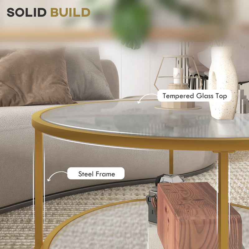 Gold Round Glass Coffee Table with Storage and Steel Frame for Modern Living Room Decor