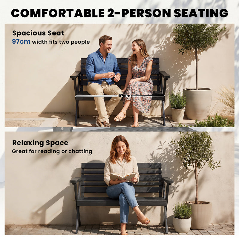 Black Wooden Garden Bench for 2 with Weather Resistant Fir Wood and Modern X Frame Legs