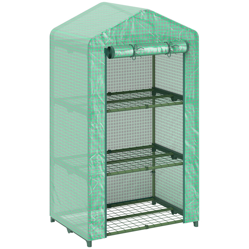 3 Tier Portable Mini Greenhouse With Roll Up Door and Shelves For Garden Use Green AOSOM