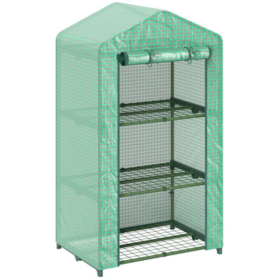 3 Tier Portable Mini Greenhouse With Roll Up Door and Shelves For Garden Use Green AOSOM