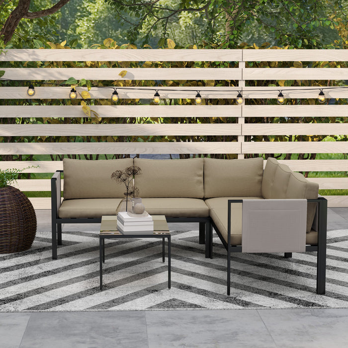 4 Piece Metal Garden Furniture Set with Glass Table and Padded Cushions Khaki by Outsunny