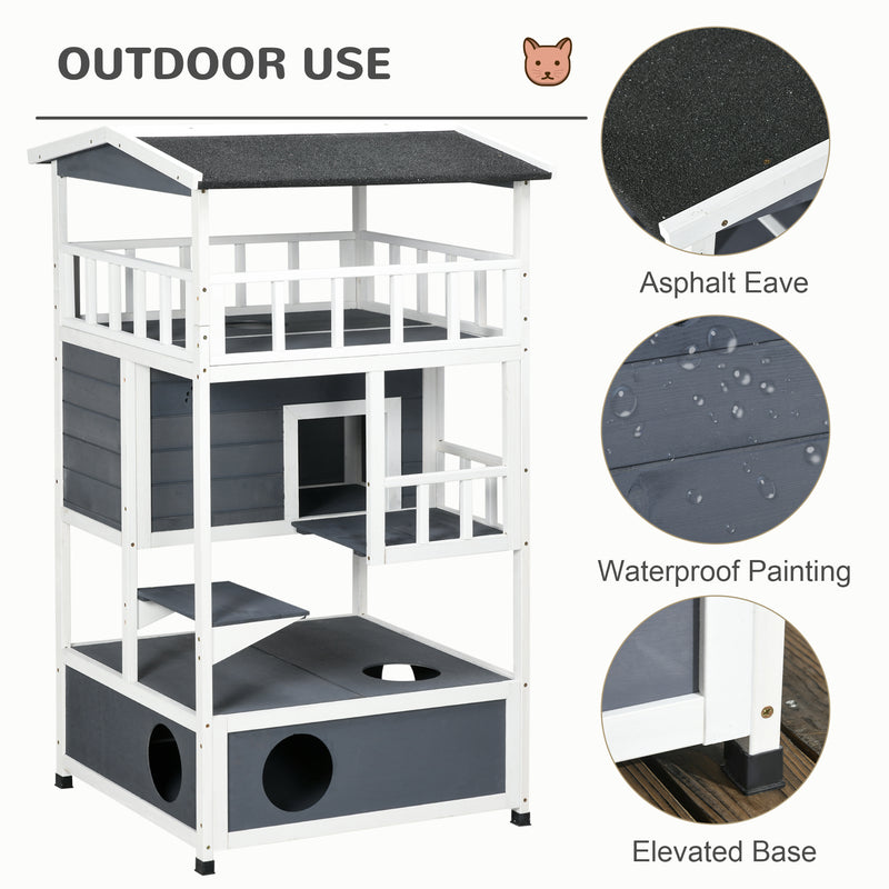 3 Tier Outdoor Wooden Cat House With Terrace And Sheltered Base For Winter, Grey