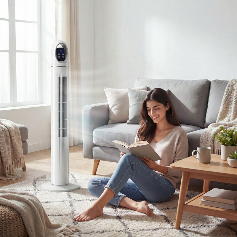 Tower Fan with Quiet Sleep Mode and Remote Control for Bedroom or Living Room White
