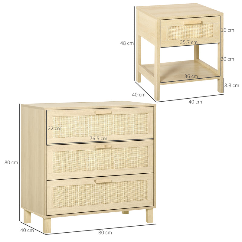 Bedroom Storage Set with 3 Drawer Chest and 2 Nightstands for a Calm Organised Space Natural Wood