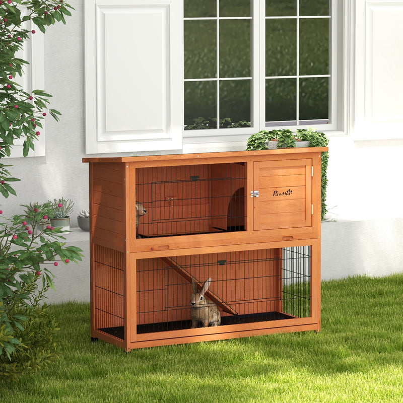 Two Tier Wooden Rabbit Hutch with Run 102cm Large Guinea Pig Cage for Outdoors Orange