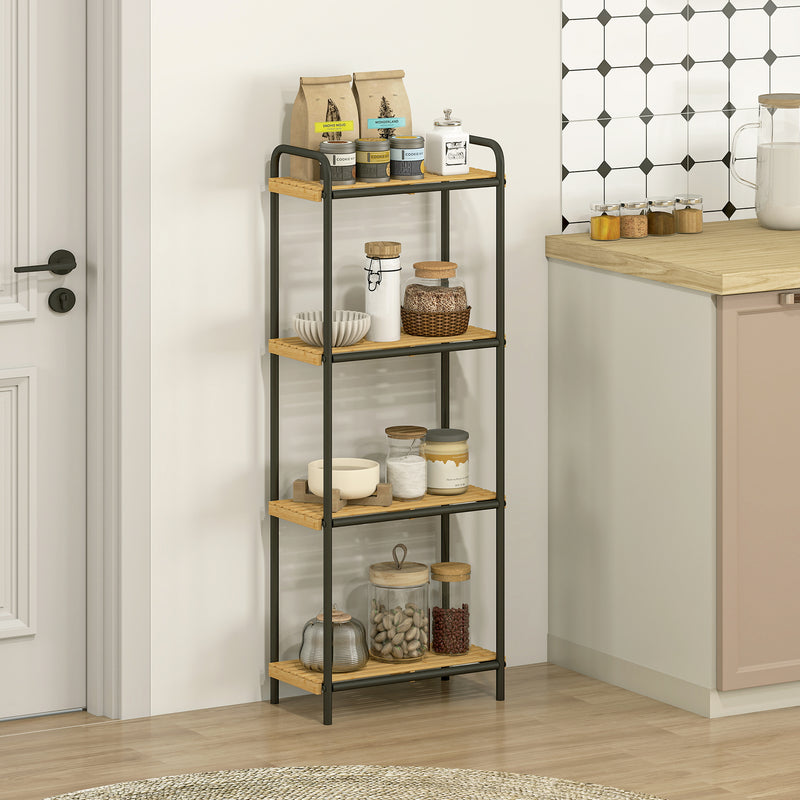 4 Tier Freestanding Bamboo Storage Shelf For Bathroom Or Kitchen With Slatted Design, Natural and Black