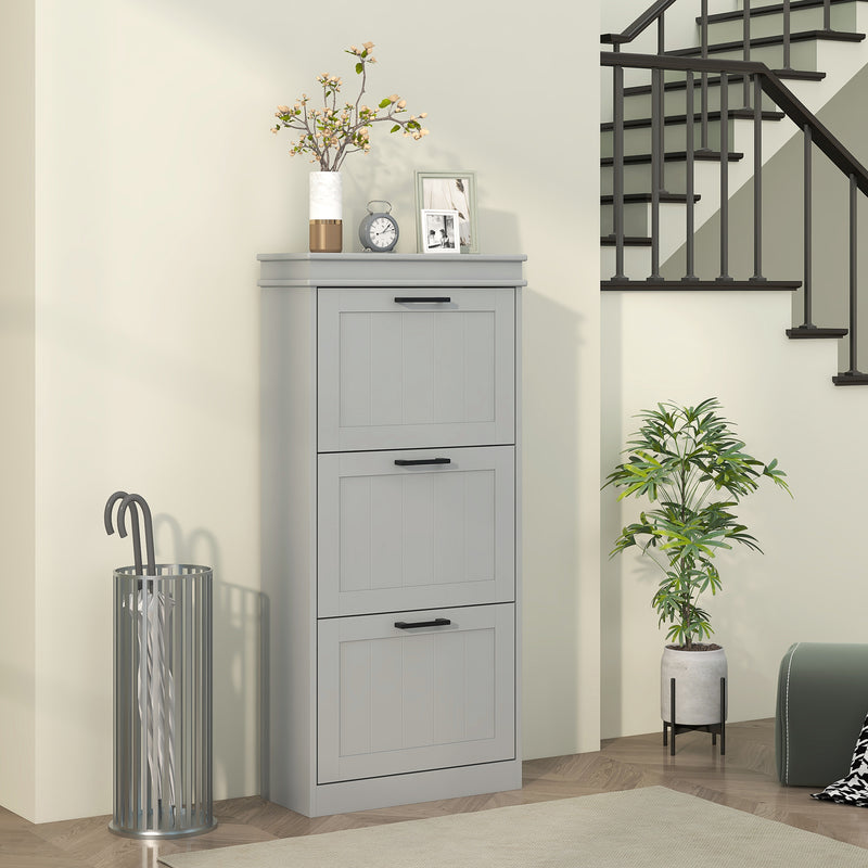 Three Drawer Slimline Shoe Storage Cabinet For Hallway Or Entryway, Grey