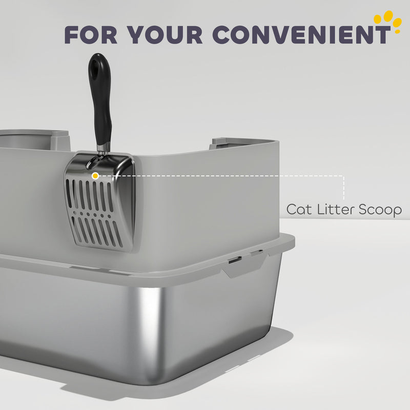 High Sided Stainless Steel Cat Litter Tray With Scoop and Mat Odour Resistant Grey