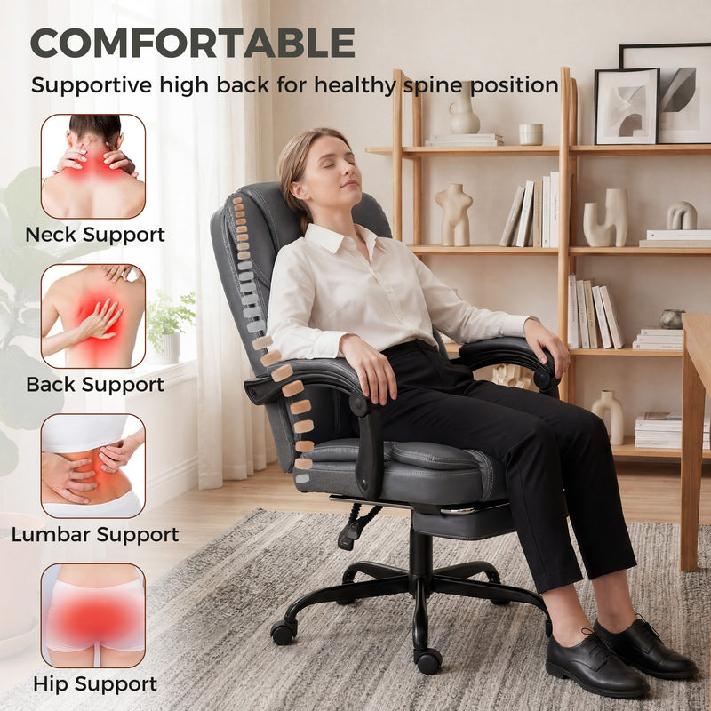 Reclining Office Chair with Adjustable Height and Footrest for Comfortable Home Working Grey Black Homcom