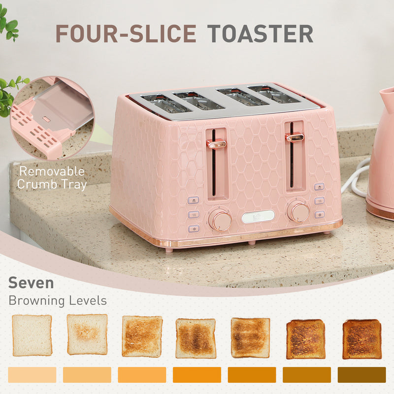 Fast Boil 17L Jug Kettle and 4 Slice Toaster Set with 7 Browning Levels, Light Pink