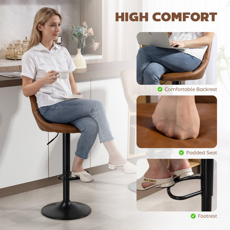 Set of 2 Swivel Bar Stools with Backrest and Footrest Ideal for Kitchen or Breakfast Bar Brown AOSOM