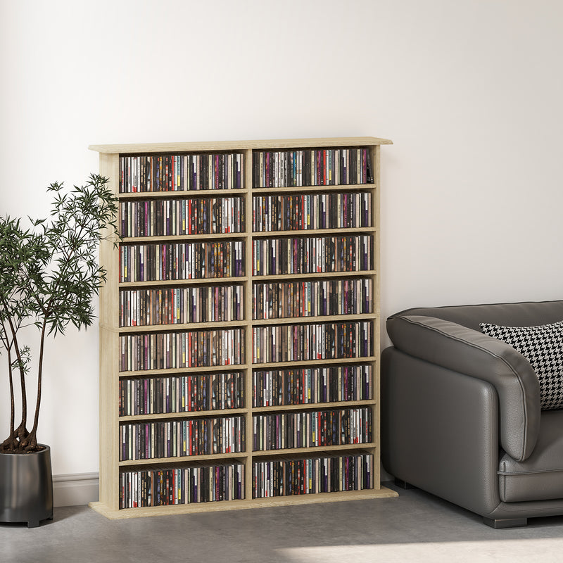 16 Compartment Wooden Media Storage Shelf in Natural Finish for DVDs and CDs by Homcom