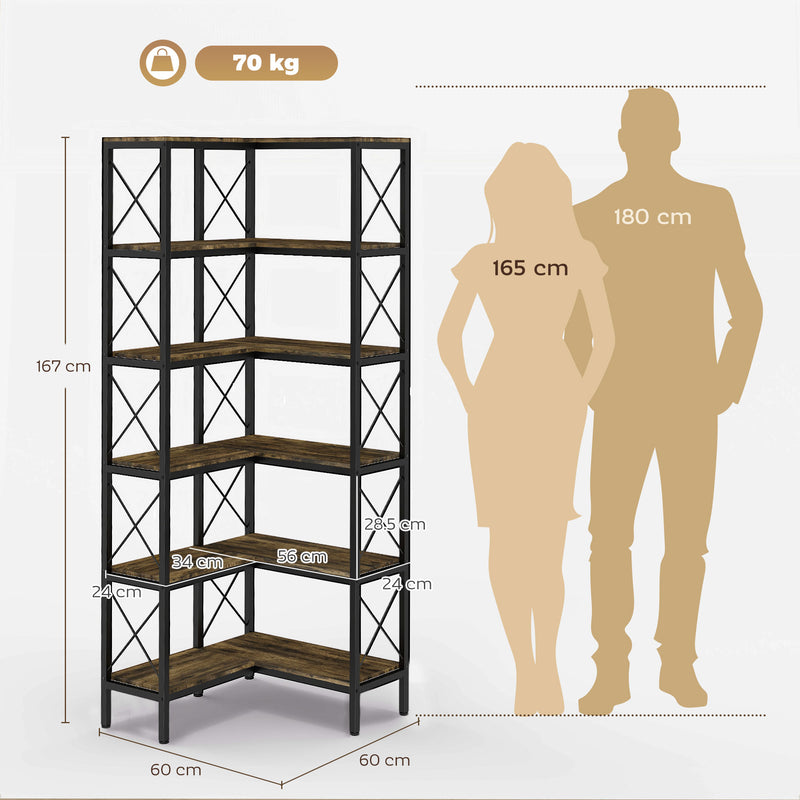Corner Bookshelf with 5 Shelves for Space Saving Storage and Display Rustic Brown Homcom