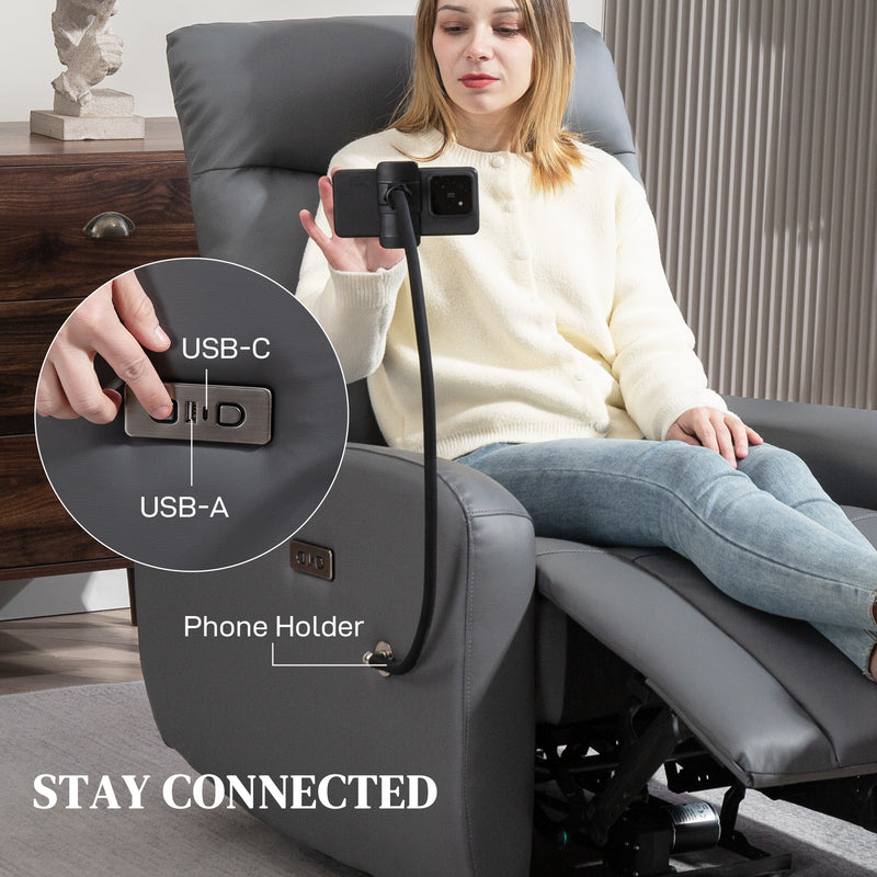 Grey Electric Recliner Armchair with USB Type C Port and Phone Holder by HOMCOM