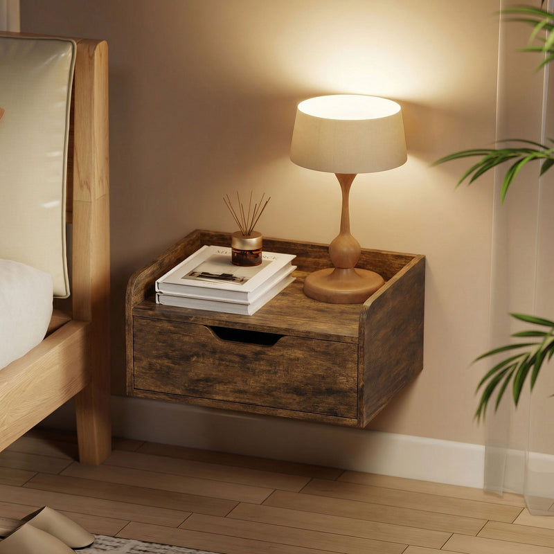 Floating Bedside Tables Set of 2 with Drawer and Shelf for Space Saving Bedroom Storage Rustic Brown AOSOM