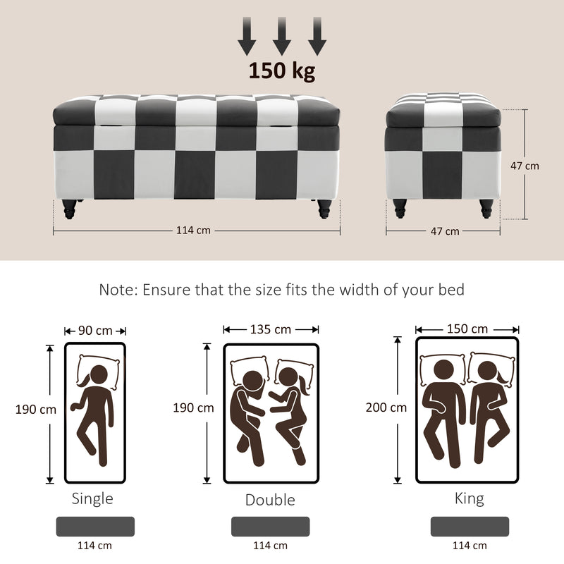 Velvet Storage Ottoman Bench in Dark Grey and White With Lid Ideal for Bedroom or Lounge