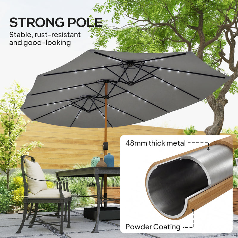 Garden Parasol with Double Canopy and Solar LED Lights for Large Patios Light Grey Outsunny
