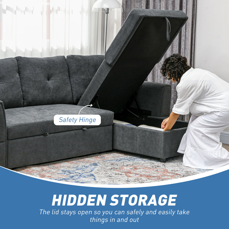3 Seater L Shaped Sofa Bed With Pull Out Sleeper And Storage For Living Room Dark Grey