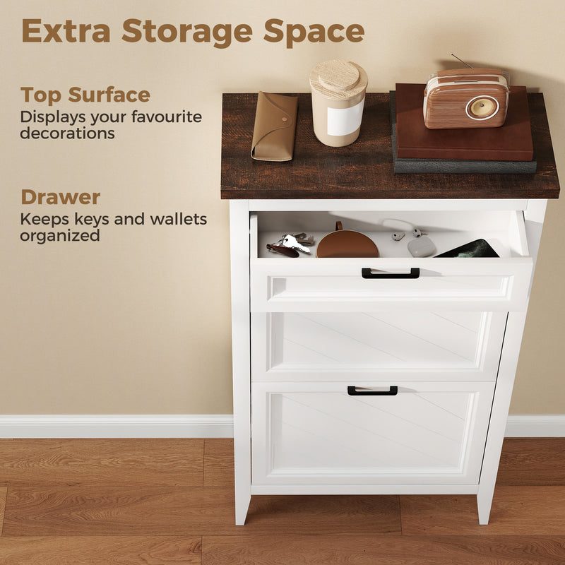 Slim Shoe Storage Cabinet for Narrow Hallways with Flip Drawers and Top Organiser White Homcom