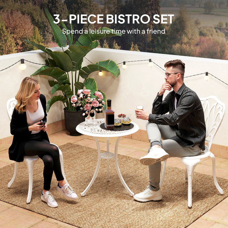 3 Piece White Cast Aluminium Garden Bistro Set With Umbrella Hole by Outsunny
