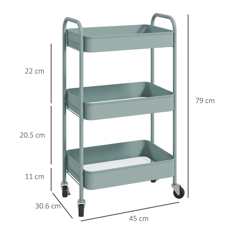 Three Tier Steel Storage Trolley with Wheels in Light Blue for Home and Office by HOMCOM