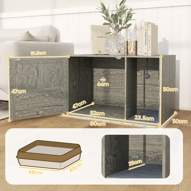 Grey Boho Style Cat Litter Box Enclosure with Rattan Door Scratching Mat and Toy Ball by PawHut