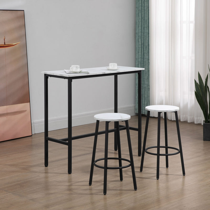 Three Piece Marble Effect Bar Table Set with Stools White and Black by HOMCOM