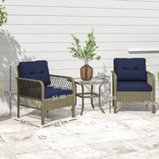 Charcoal Grey 3 Piece Rattan Bistro Set with Blue Cushions and Glass Table for Garden by Outsunny