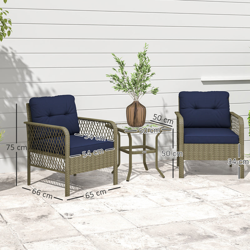Charcoal Grey 3 Piece Rattan Bistro Set with Blue Cushions and Glass Table for Garden by Outsunny