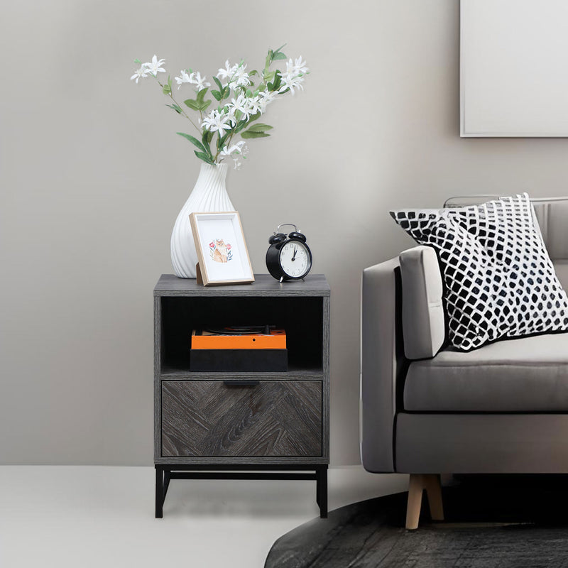 Bedside Table with Drawer and Open Shelf for Bedroom or Lounge with Steel Legs Dark Grey