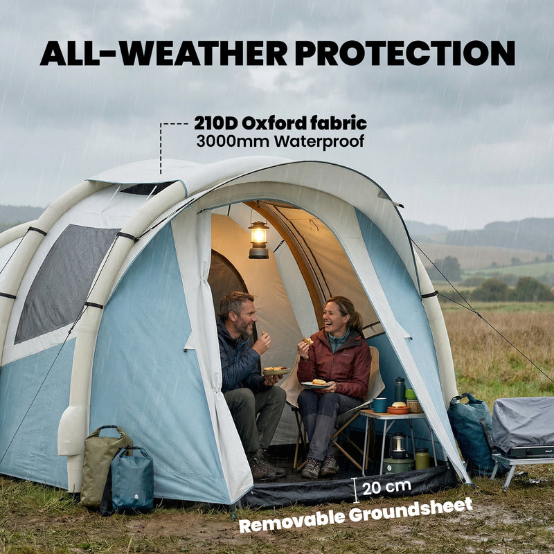 Inflatable Camping Tent for 2 to 3 People with Fast 5 Minute Setup and Two Rooms Light Blue