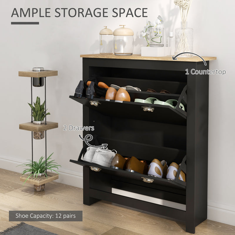 2 Drawer Wooden Shoe Cabinet With Flip Doors Fits 12 Pairs Ideal For Hallways, Black