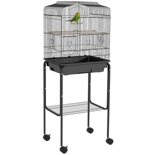 Black Bird Cage for Budgies Canaries Finches with Stand Wheels Storage Shelf by PawHut
