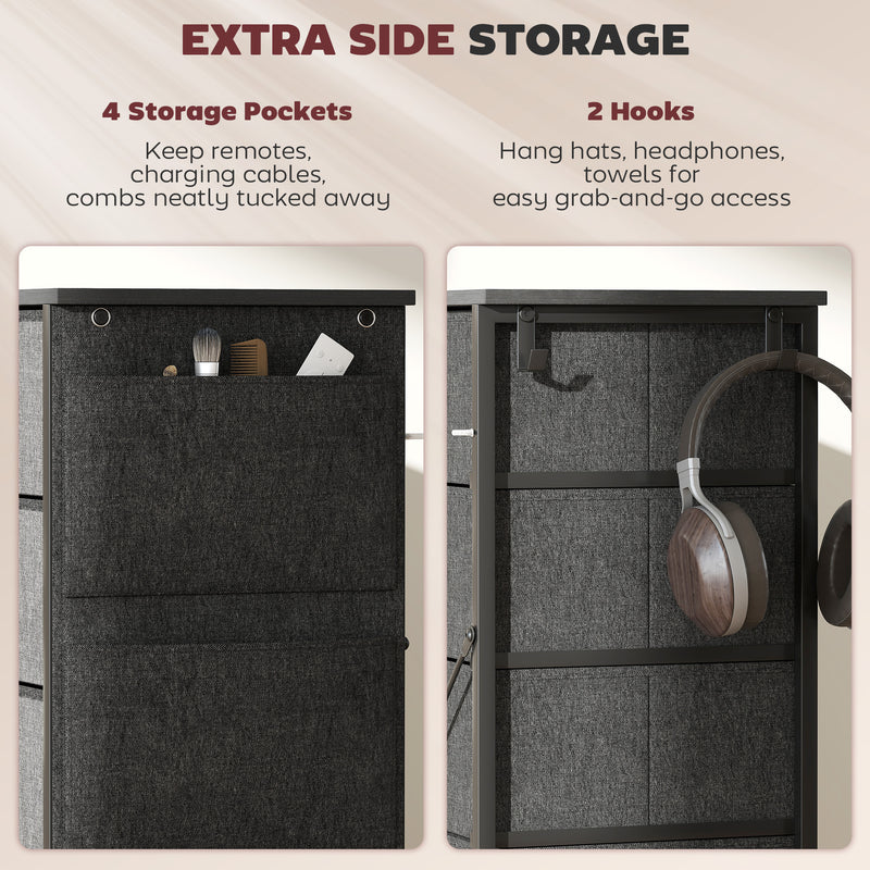 Tall Chest of 10 Fabric Drawers for Bedroom Storage with Steel Frame, Charcoal Grey