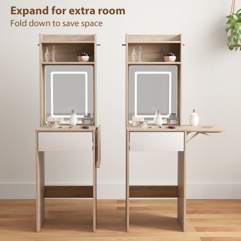 Dressing Table with Adjustable LED Mirror and Storage for Small Bedrooms Natural Wood AOSOM
