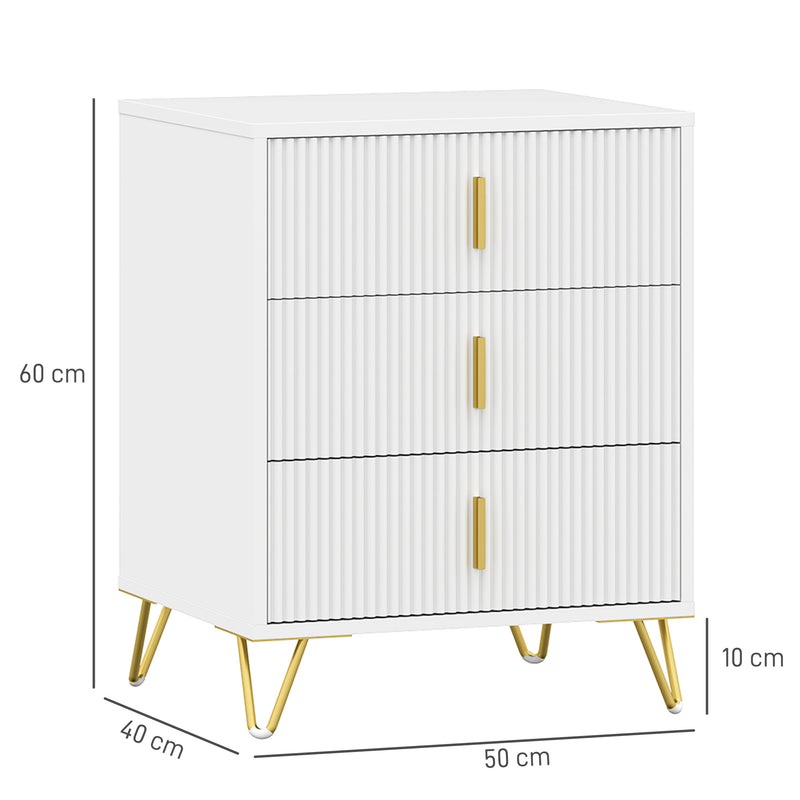 Set of 2 Three Drawer Chests with Elegant Design for Bedroom Storage White Gold Tone
