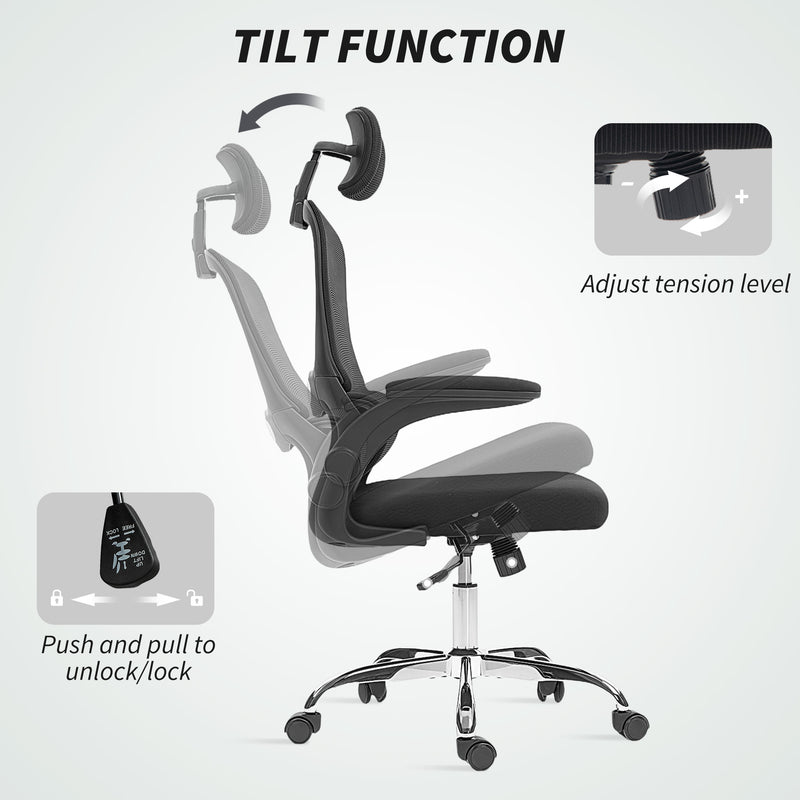 Mesh Office Chair with Lumbar Support and Flip Up Arms for Comfortable All Day Work Black