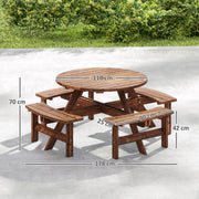 Wooden Garden Dining Set for 8 with Round Table and Benches Parasol Hole, Carbonised Wood Outsunny