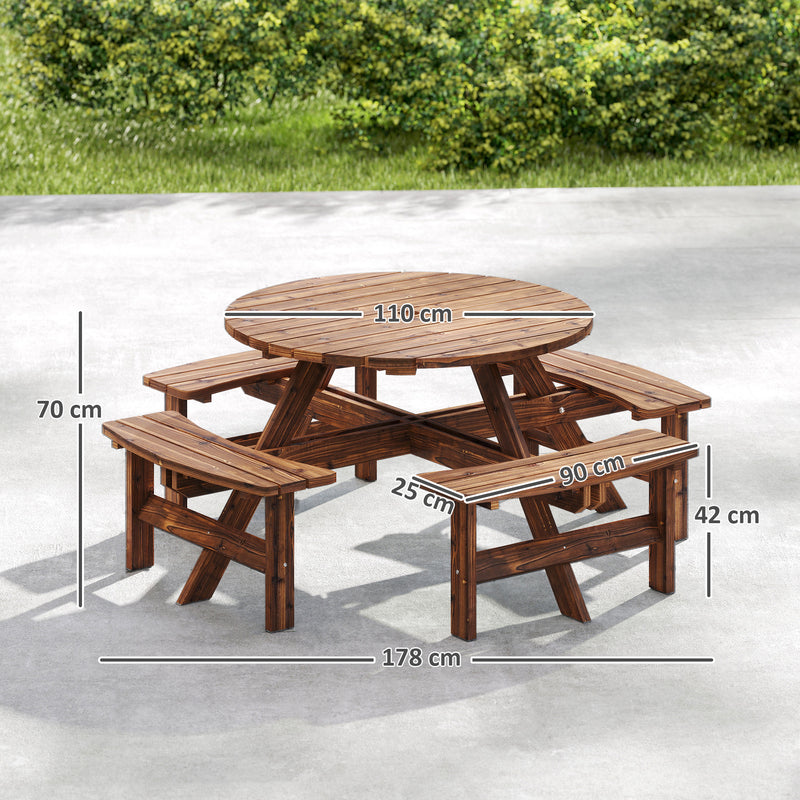 Wooden Garden Dining Set for 8 with Round Table and Benches Parasol Hole, Carbonised Wood Outsunny