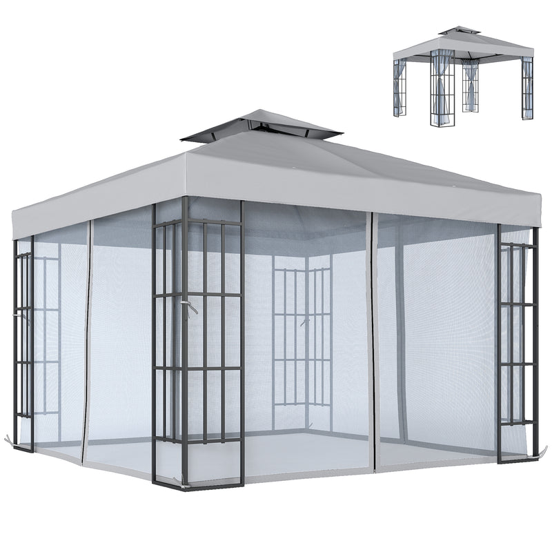 3x3m Garden Gazebo with Mesh Netting for Shaded Outdoor Entertaining, Light Grey Outsunny