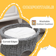 2 Tier Wicker Cat House with Washable Cushions Elevated Pet Bed for Kittens, Grey
