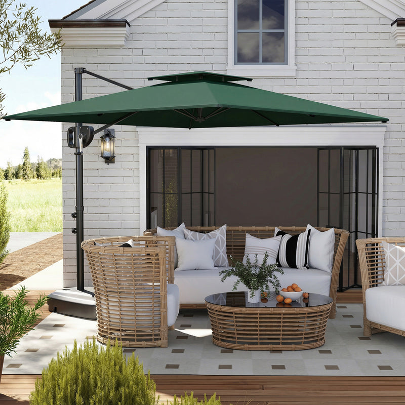 Square Cantilever Parasol with Base For Patio or Garden - UV30+ Adjustable Shade,  Dark Green